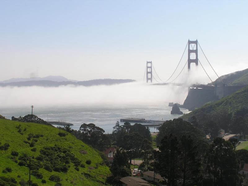 Photo of Fort Baker and Golden Gate Bridge with vista point parking top right