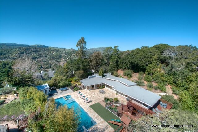 711 Fawn Drive San Anselmo Aerial View with pool and home on sunny day