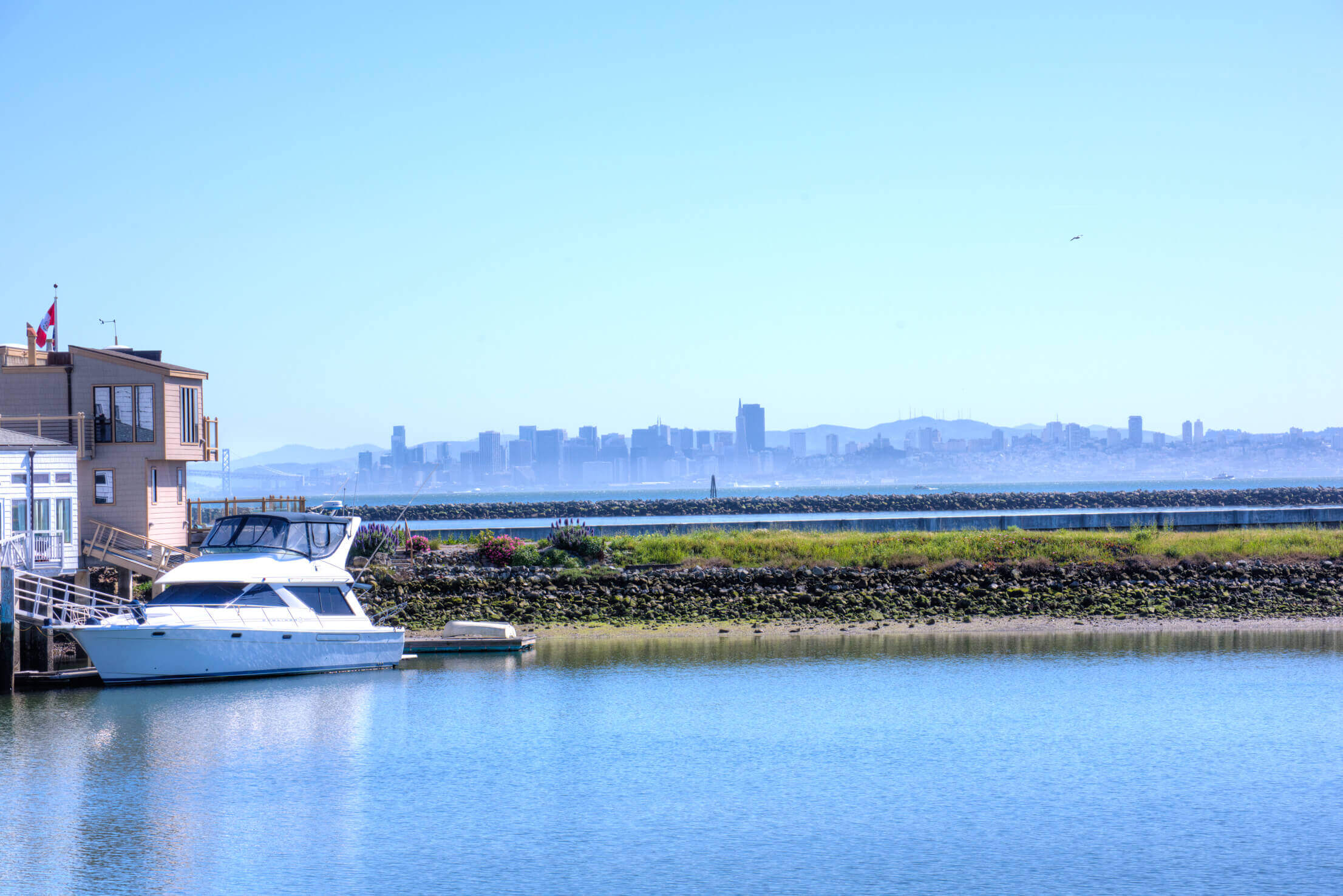 yacht moored with san francisco in background