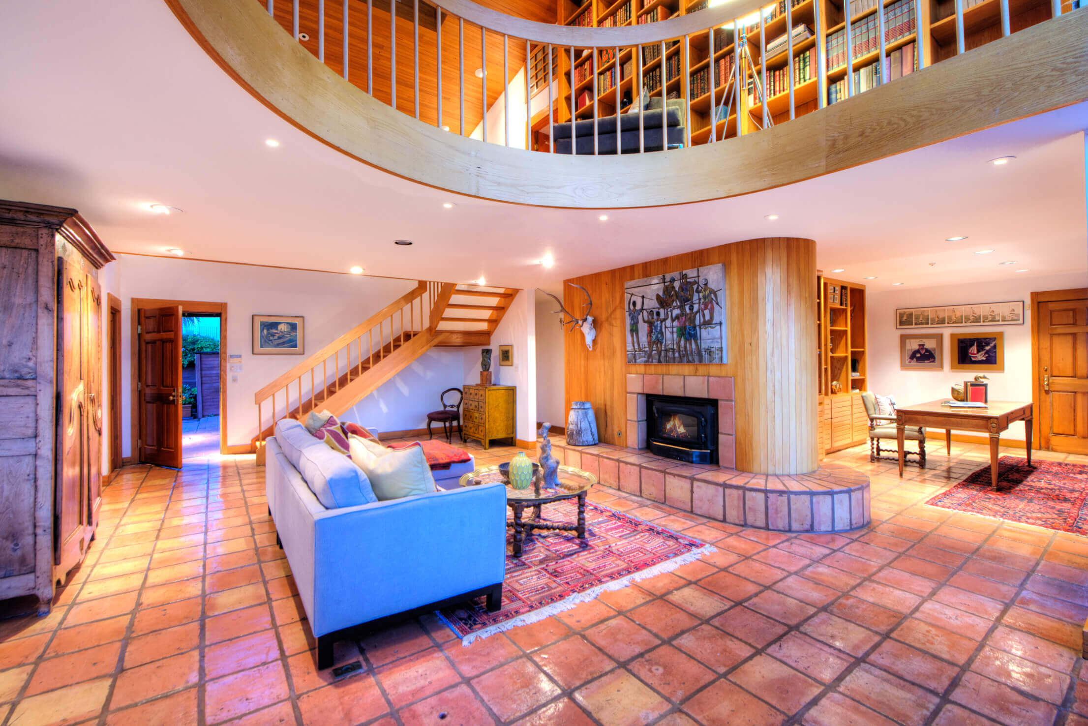 living room and fireplace