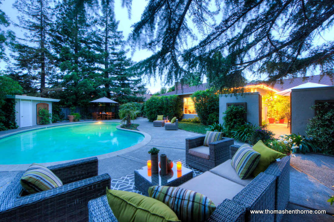 20 Loma Linda Road Seating Area and Pool at Dusk