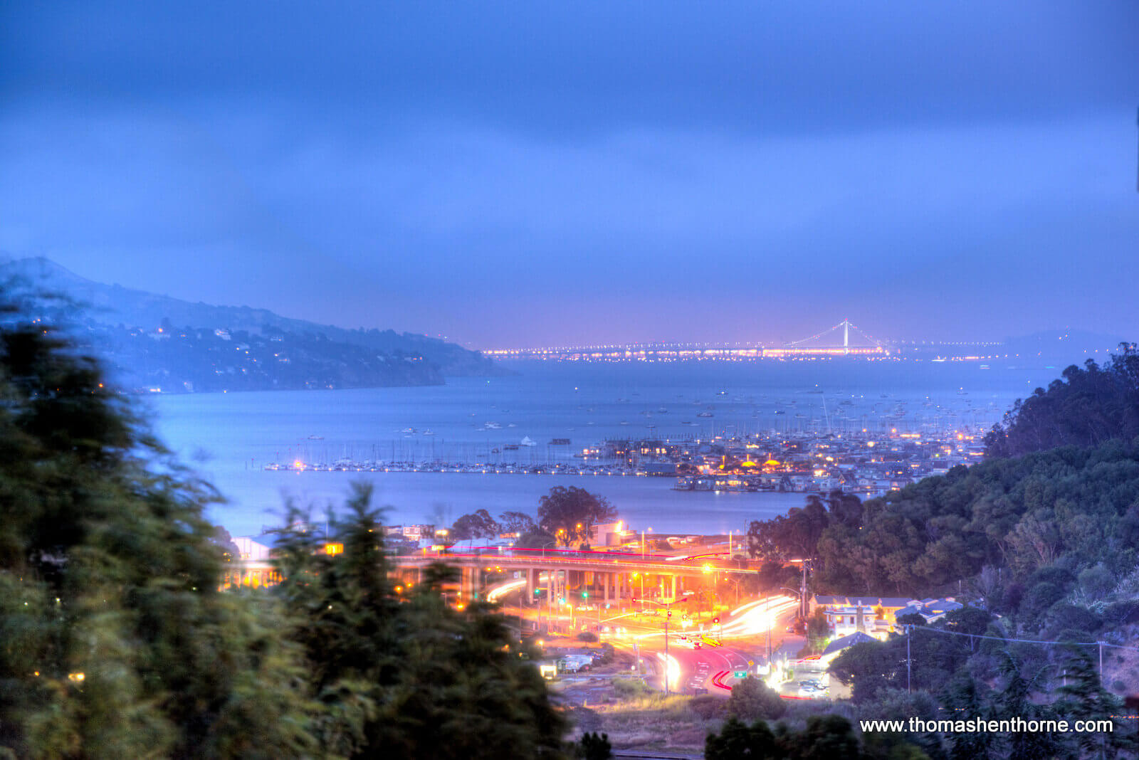 Night time view of bay and bay bridge from home