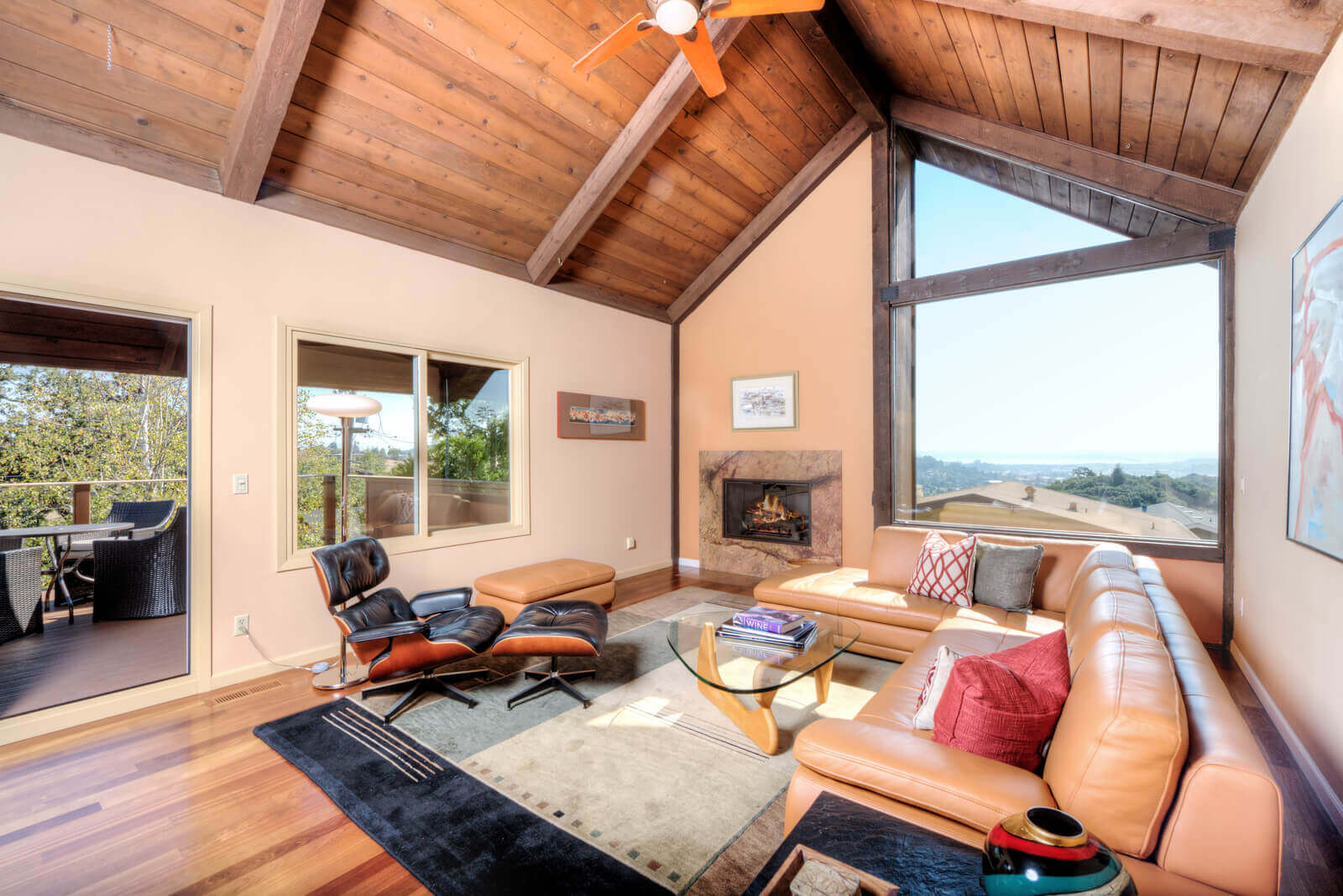 Living room with open beamed ceiling