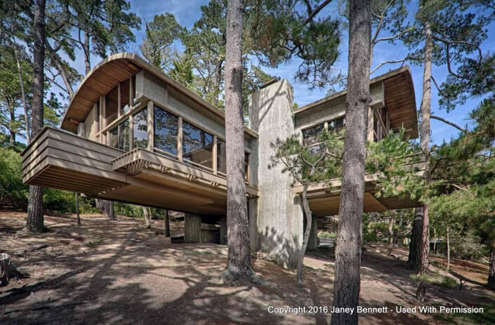 Cantilevered home surrounded by forest