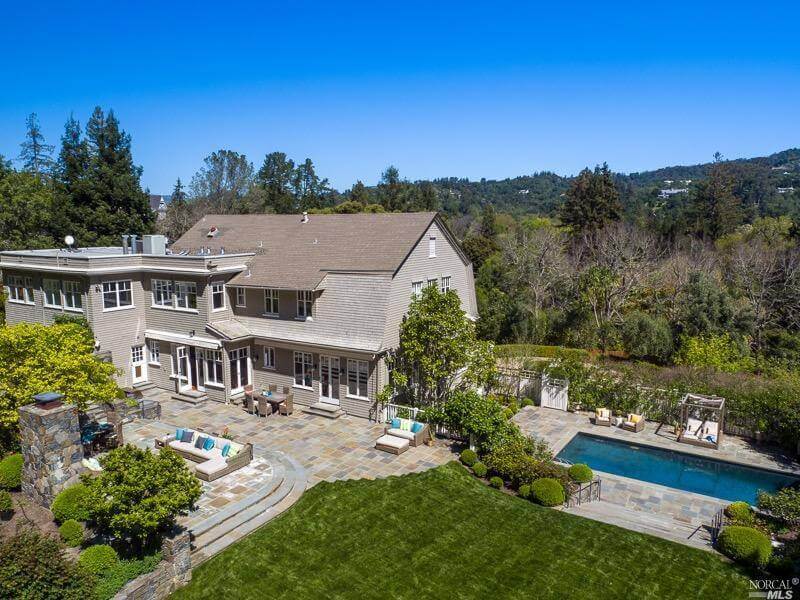 68 Bridge Road Ross California Former home of Phil Lesh view of pool and home and outdoor fireplace