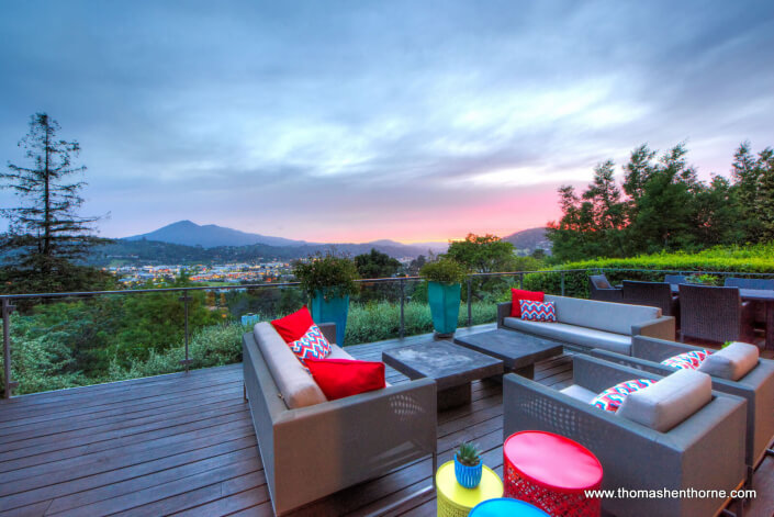 Back deck at sunset with view of Mt. Tam