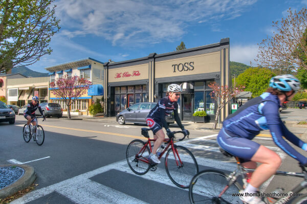 Downtown San Anselmo shops & bicyclists