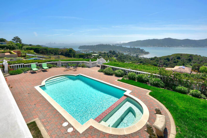 Swimming pool with San Francisco skyline and bay in background