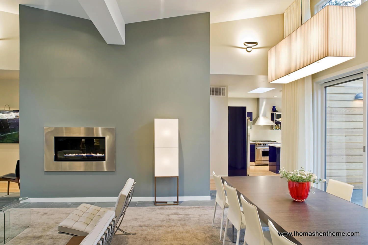 Living and dining area looking into kitchen