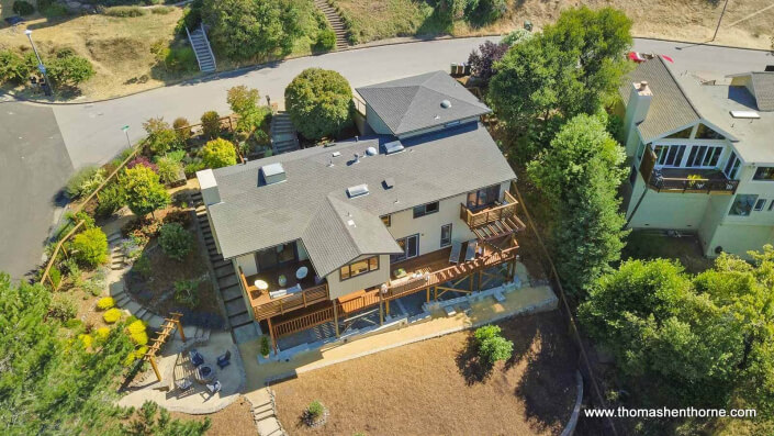 Aerial view of decks and back yard