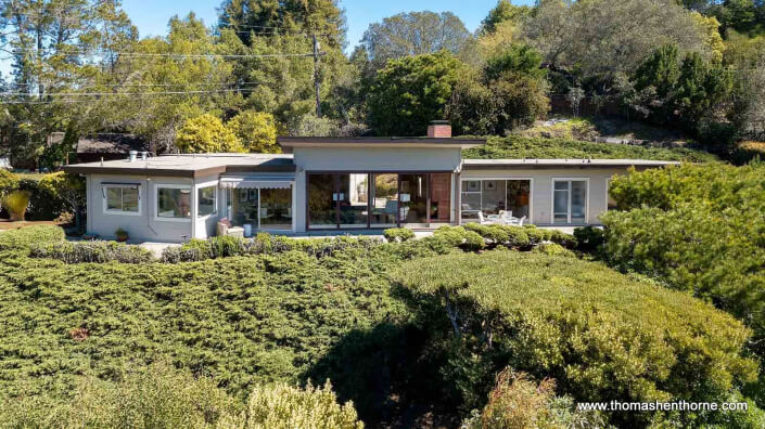Midcentury Modern home aerial view