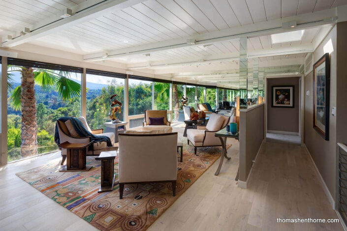 Living room with views of Mt. Tamalpais and open-beam ceilings