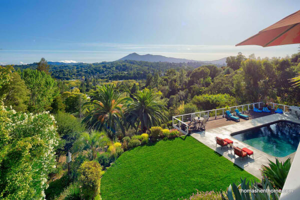 Swimming pool, lawn and view of Mt. Tamalpais in distance at 272 Fairhills Drive San Rafael