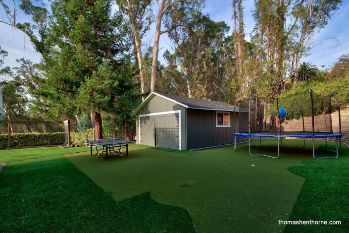 Putting green and trampoline