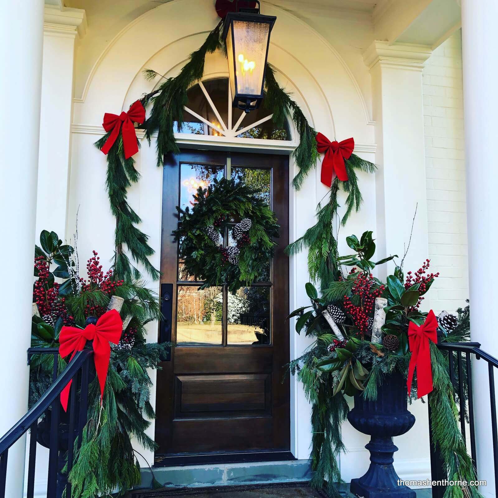 Front door decorated for holidays