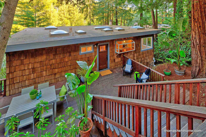 Steps down to shingled home