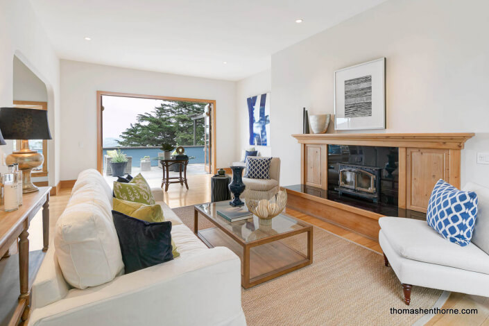 Living room with oak fireplace