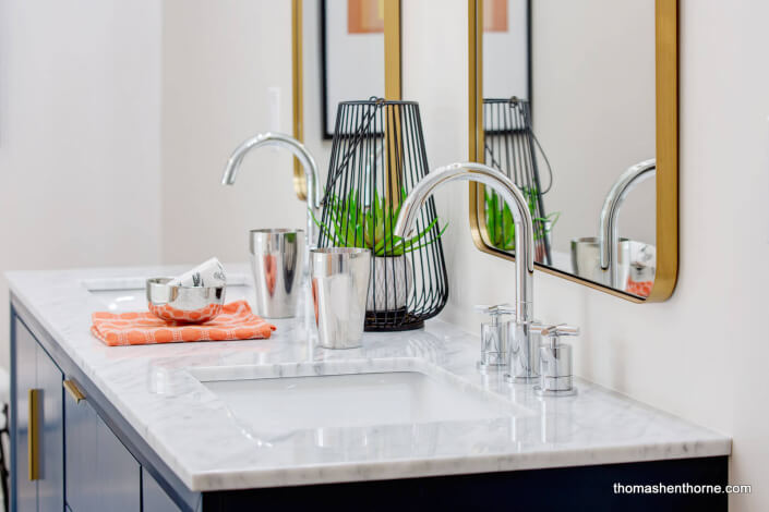 Closeup of vanity with two sinks