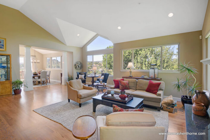 Living room with vaulted ceilings