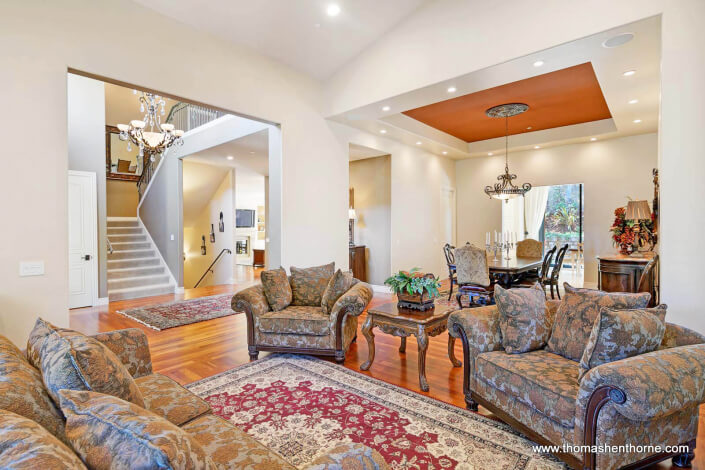 Living room with view of stairway