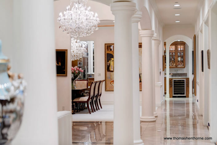 chandeliers and dining table