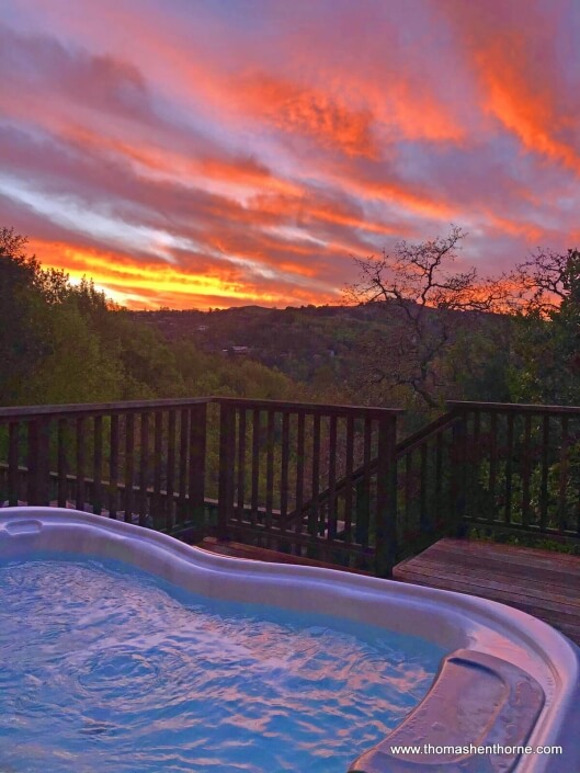 Sunset from spa at 390 Fawn Drive in San Anselmo