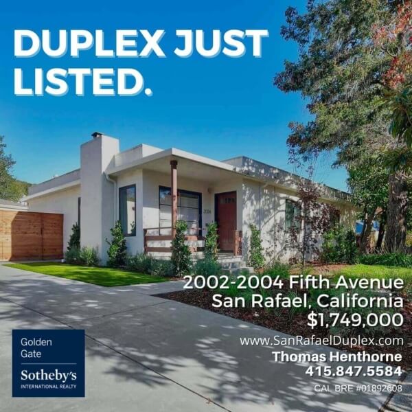 Just listed graphic for San Rafael duplex for sale