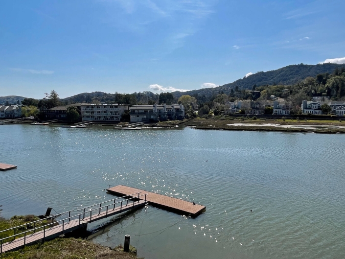 View of Corte Madera Creek with boat dock