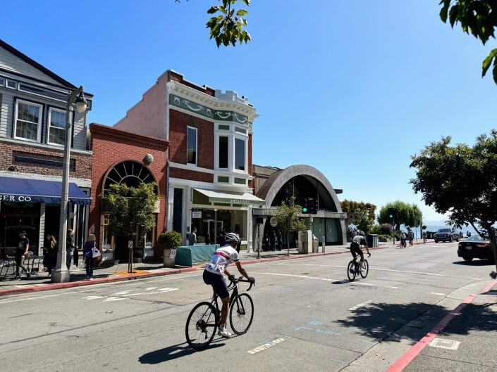 Bicyclists in downtown Sausalito