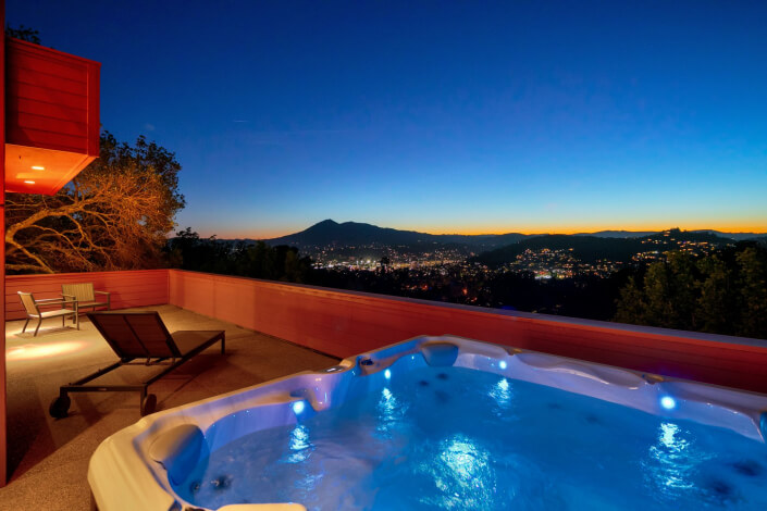 Hot tub with sunset and Mt. Tamalpais in background