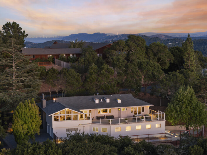 Aerial view of 21 Edgewood Way in San Rafael CA at twilight