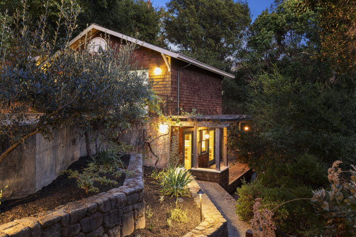 Artist studio with shingles at dusk