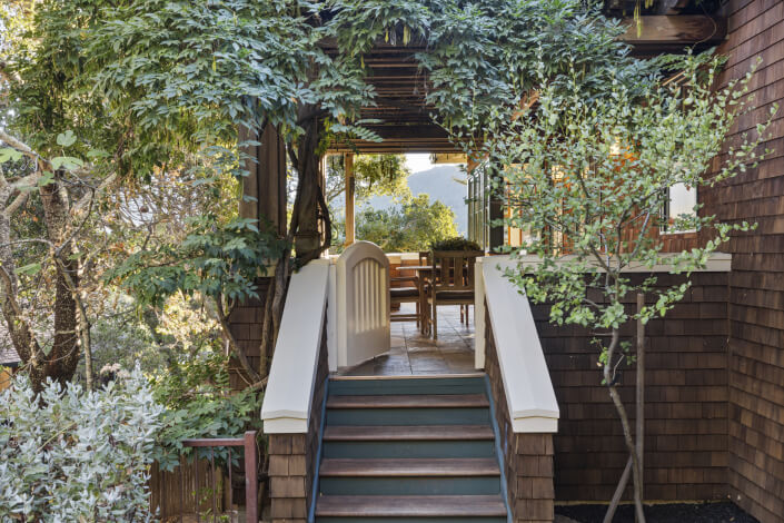 stairs to side porch at dusk